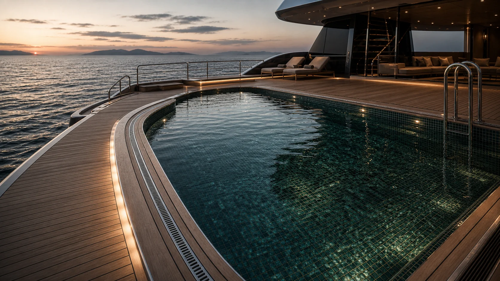 Large superyacht teak deck with an integrated glass mosaic swimming pool and precision drainage detailing.